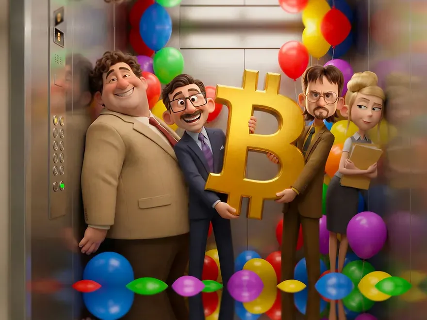 Winda wypełniona balonami i czterema pracownikami SpinBoss, a nad nimi duży złoty symbol bitcoina
